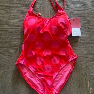 Kate Spade Lace Up Red and Pink Polka Dot Swimsuit-Flame Scarlet